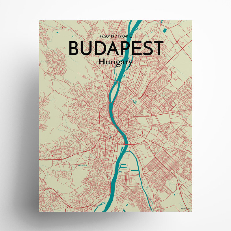 Budapest City Map In Tricolour - No Frame Print, 20cm H x 16cm W x 0.05cm D
