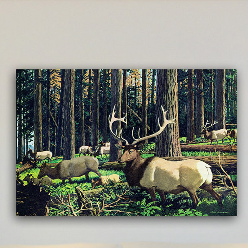 Rustic Elk Herd Canvas Print in Forest Setting, 40" x 60"