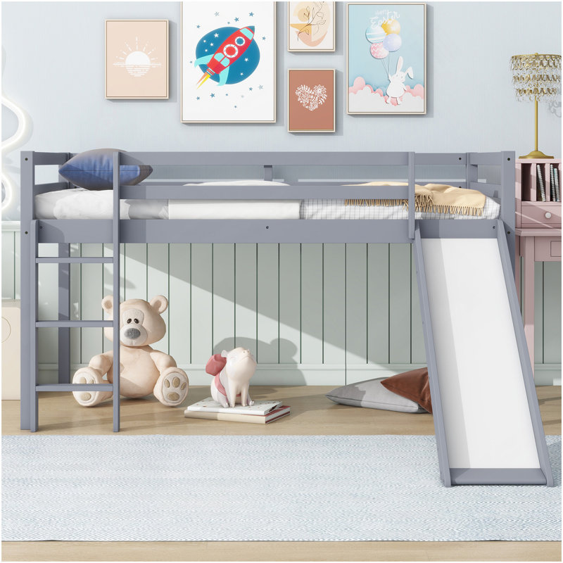 Lit simple mezzanine bas avec glissade, échelle, barrières de sécurité, lit mezzanine simple en bois d'hévéa, Gris