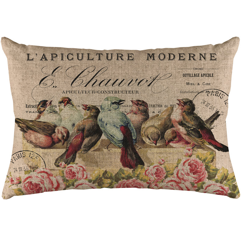 French Birds Rectangular Linen Lumbar Pillow