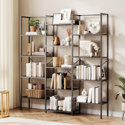 Triple Column 5-Tier Bookshelf, Rustic Industrial Bookshelf With Frame by Latitude Run