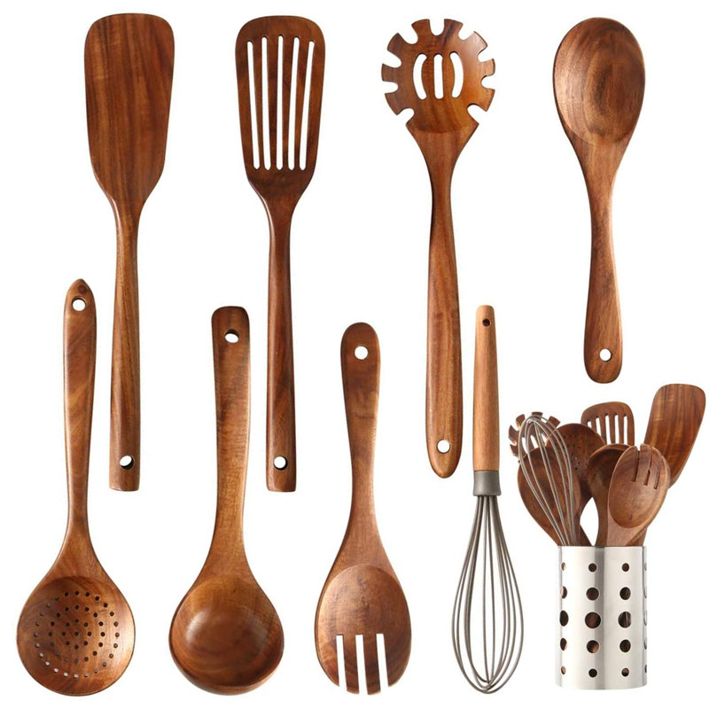 Ensemble de 9 cuillères à cuisson en bois avec pot à ustensiles 9 pièces