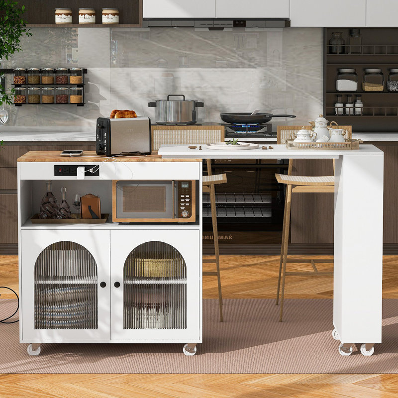 Valencia 56.3" Rolling Kitchen Island With Extended Table,LED Lights,Power Outlets And Glass Doors, White