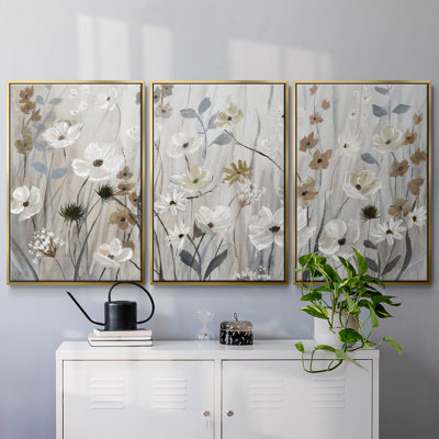 «Misty Meadow Field», reproduction encadrée sur toile 3 pièces