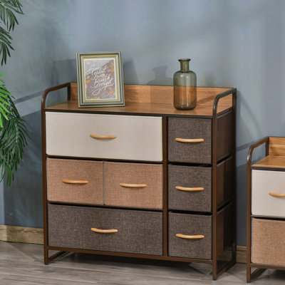 Commode 7 tiroirs en tissu avec commode en acier avec plateau en bois d'érable pour chambre et vestibule