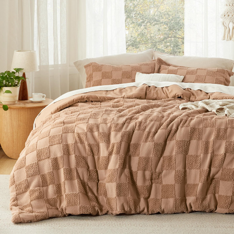 Bedsure Boho Tufted Checkered Farmhouse Comforter Set, 230GSM, Taupe, California King Comforter + 2 King Shams