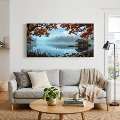 Ensemble de 1 tableau sur toile représentant un lac d'automne