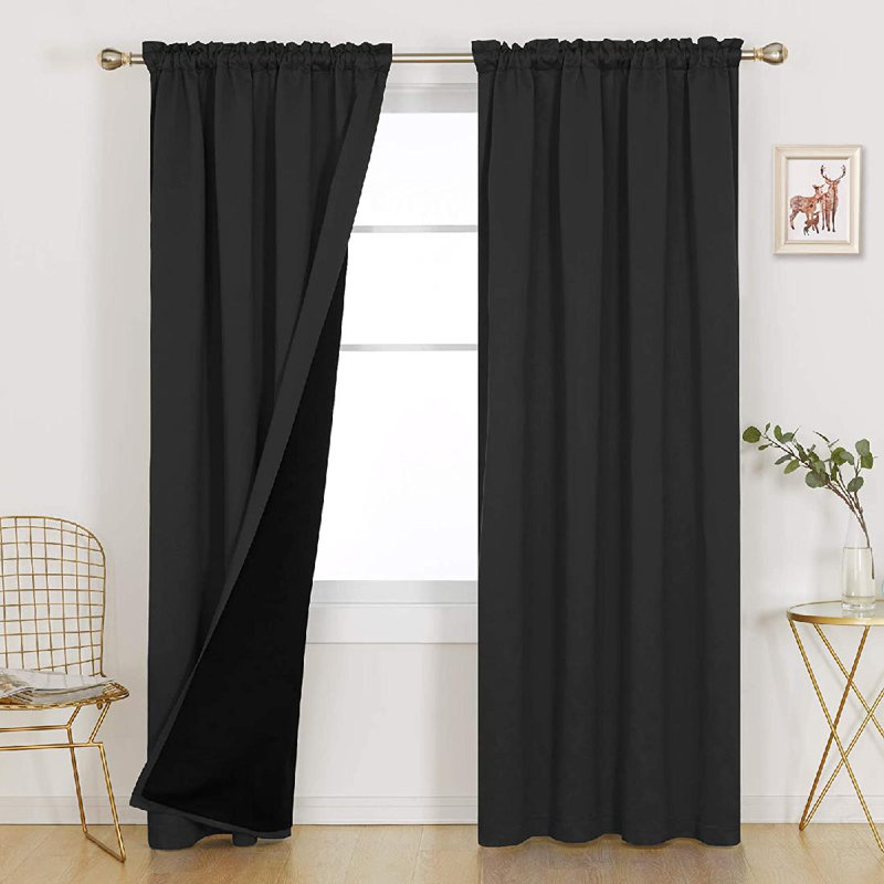 Deconovo 100 Percent Blackout with Liner Rod Pocket Curtain Panel Pair, 52" W x 54" L, Black