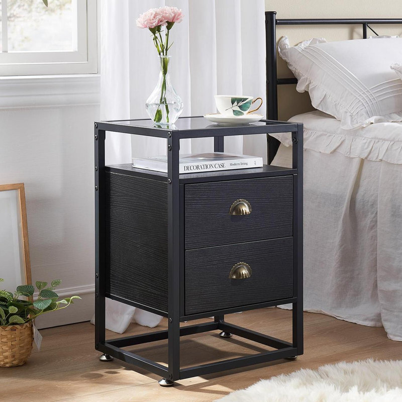 NS 2 Drawer Industrial Bedside Table, Black