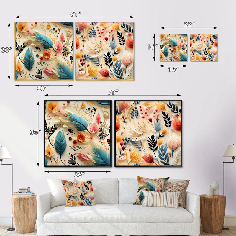 Roberval - Ensemble de 2 collages carrés botaniques abstraits, H 16 po x l 33 po, Cadre flottant brun