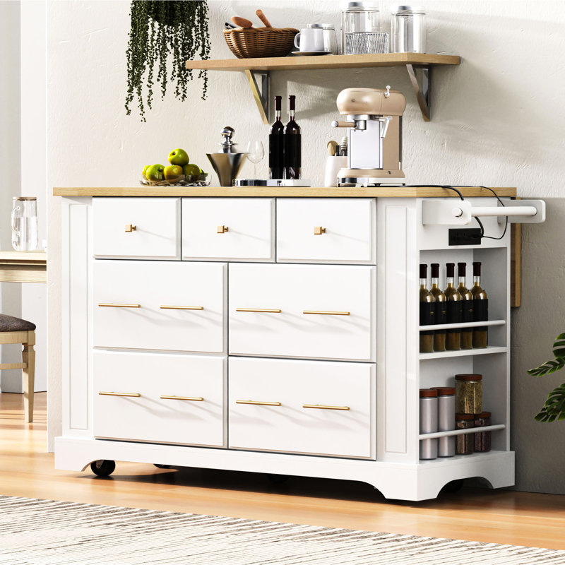 Chariot de cuisine roulant, 6 tiroirs, abattant, station de charge, poubelle peu encombrante, rétro de luxe moderne, îlot blanc avec prise de courant spacieuse, armoire de rangement, 5 roues, pour utilisation