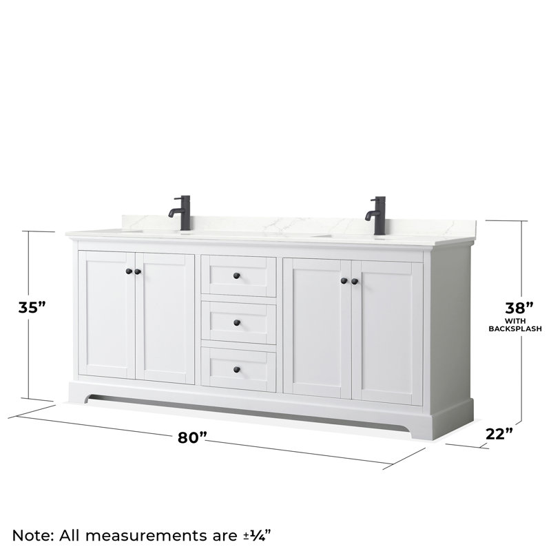 Avery 80'' Double Bathroom Vanity with Quartz Top, White, Giotto Quartz, Matte Black