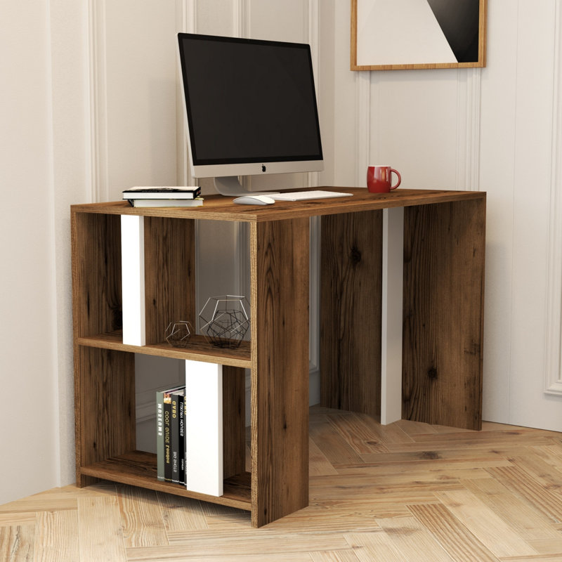Modern Study Desk with Wall-Mountable Design, Walnut & White, 47.2 x 29.7 x 23.6 inches | 100% Melamine Coated Particle Board, Thickness: 0.7 inches | Features Numerous Shelves for Organization & Style