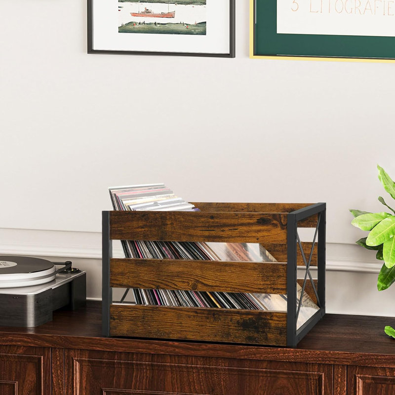 Caisse de rangement pour disques vinyles de grande capacité avec design rétro, fabrication robuste en métal et en bois, pouvant contenir plus de 80 disques, organisateur polyvalent pour les albums, les livres et plus encore