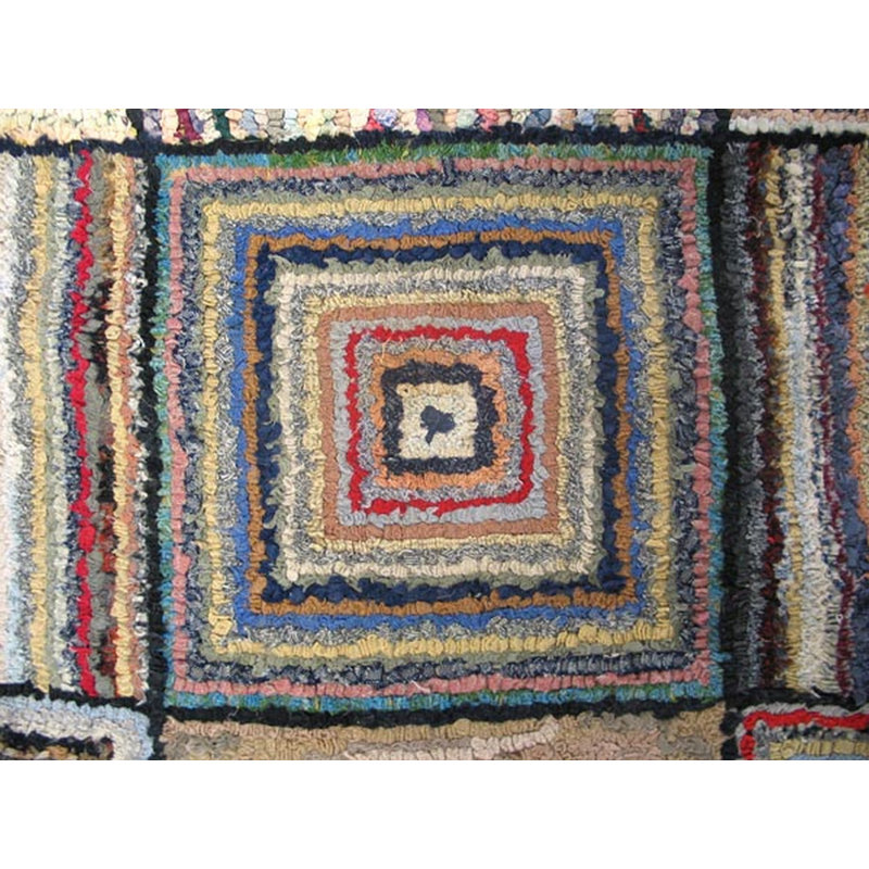 Square Antique Rare Basket Weave And Log Cabin Design American Folk Art Hooked Rug
