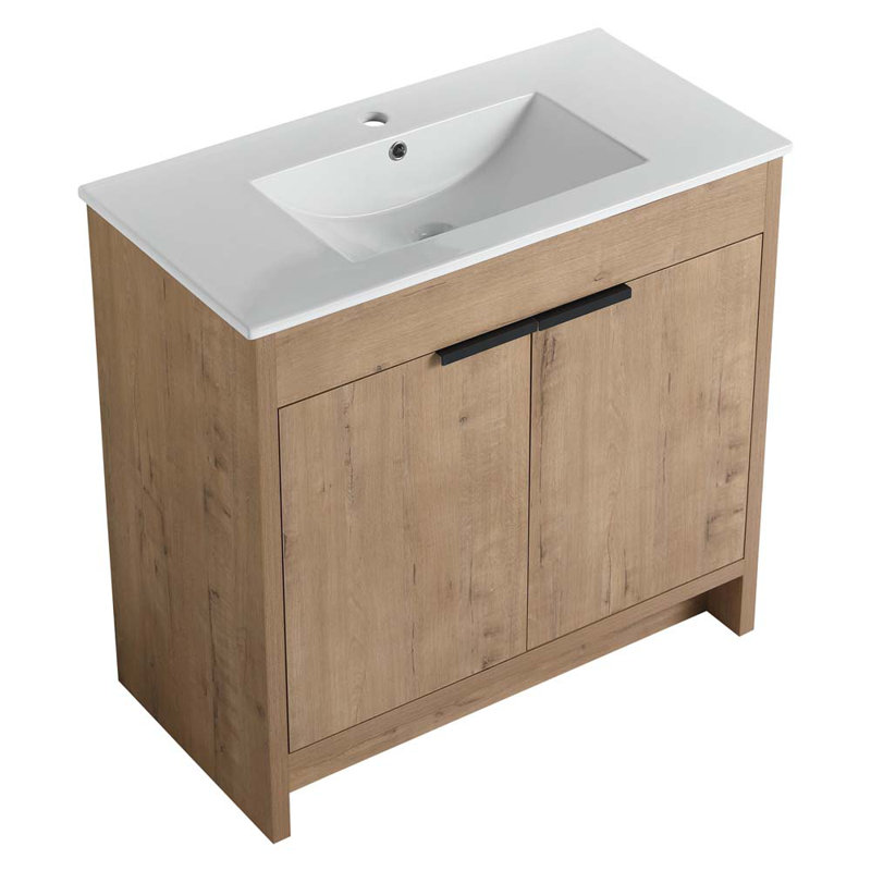 36" Freestanding Bathroom Vanity with White Ceramic Sink, Natural