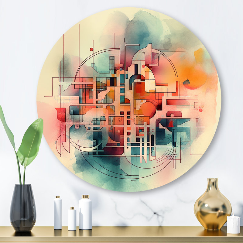 Orange orange abstrait labyrinthe I - art mural rond abstrait géométrique sur métal, H 29 po x l 29 po x P 1 po