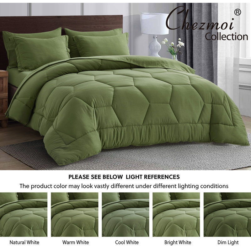Washed Microfiber 7-Pieces Honeycomb Comforter Set with Sheets, King Comforter + 6 Additional Pieces, Olive Green
