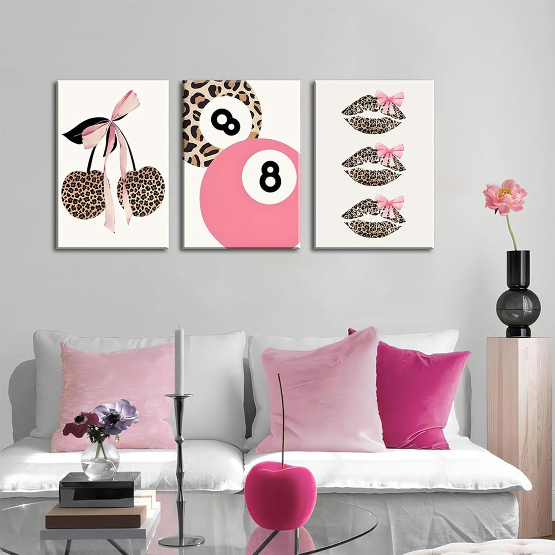 Trendy Pink Leopard Bow Canvas Wall Art Set of 3 Funky Cherry Lucky 8 Ball Posters Prints Cute Coquette Preppy Room Aesthetic Wall Decor Pictures for