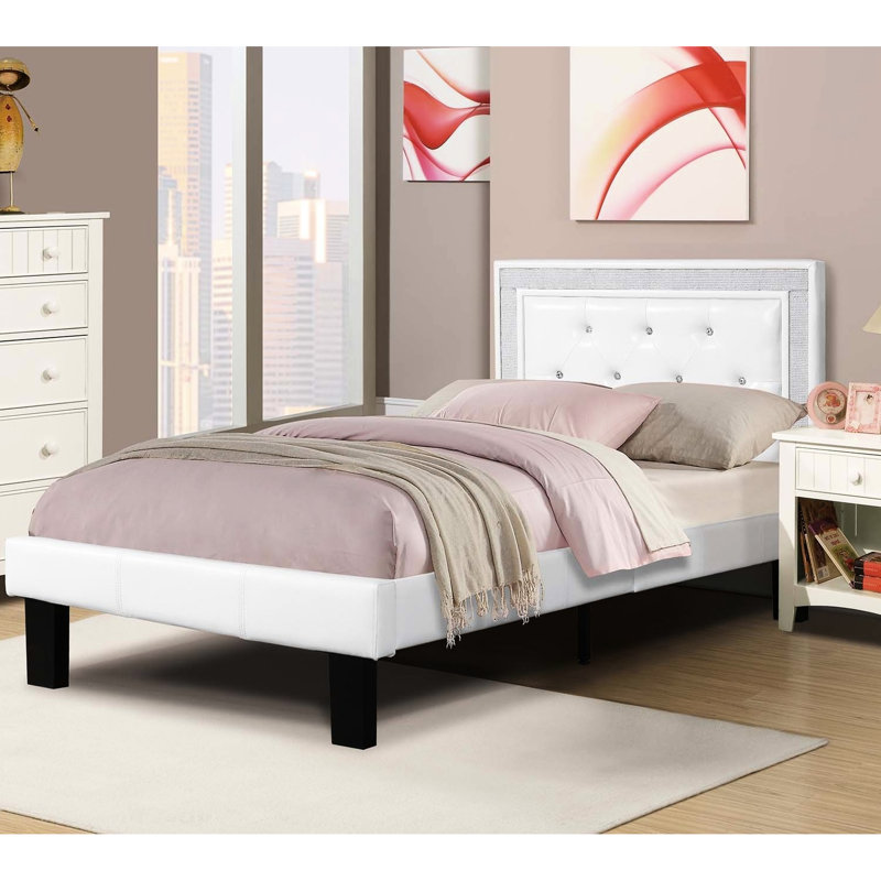 Twin Bed Frame Of Style, White Finish, Faux Leather, Diamond Headboard, Bedroom Radiance Size With Middle Support Legs, Upgrade