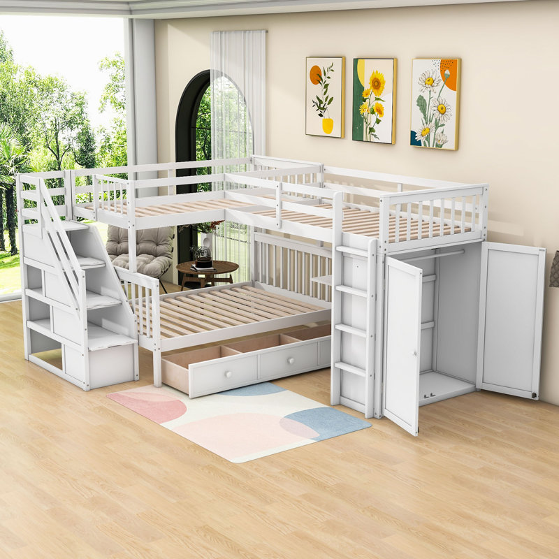 Jaritsa Twin and Twin over Full Wooden L-Shaped Bunk Bed With Portable Desk and Wardrobe, White