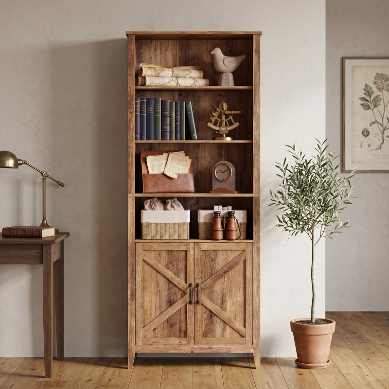 Bibliothèque rustique à 4 niveaux avec armoire, Brun
