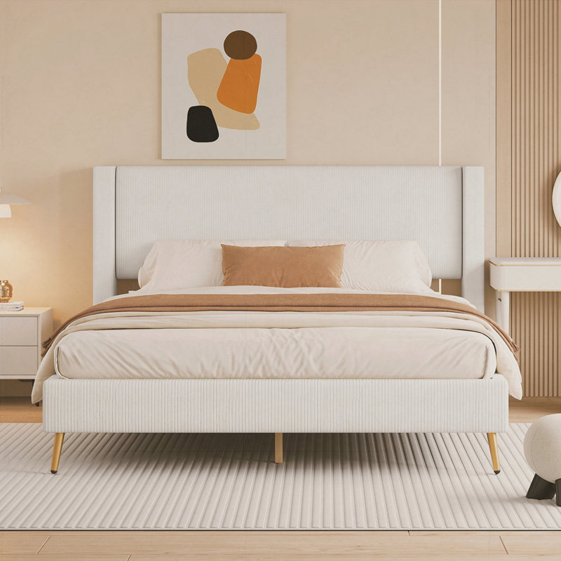 Grand lit plateforme en velours côtelé avec pieds en métal, Beige