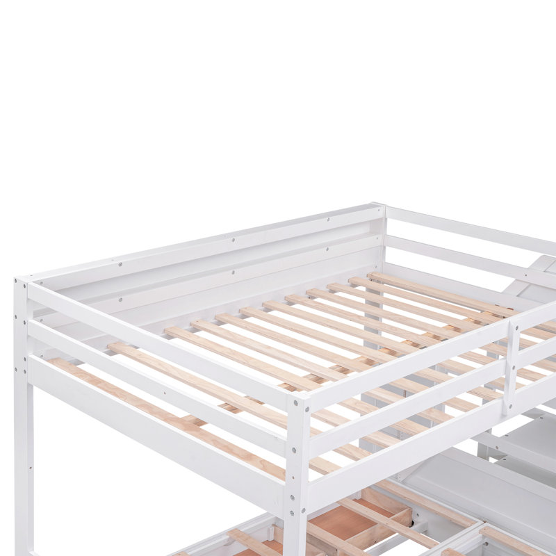 Lit superposé convertible Joycee avec escalier de rangement, table de chevet et 3 tiroirs, Blanc