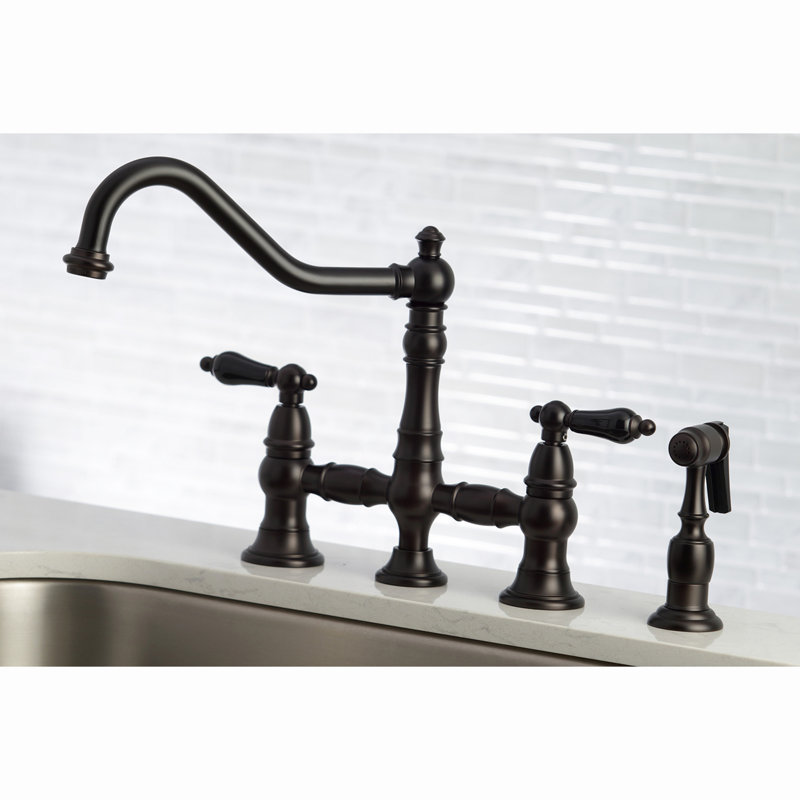 Kingston Brass Duchess Two-Handle 4-Hole Deck Mount Bridge Kitchen Faucet with Brass Side Sprayer, Oil Rubbed Bronze