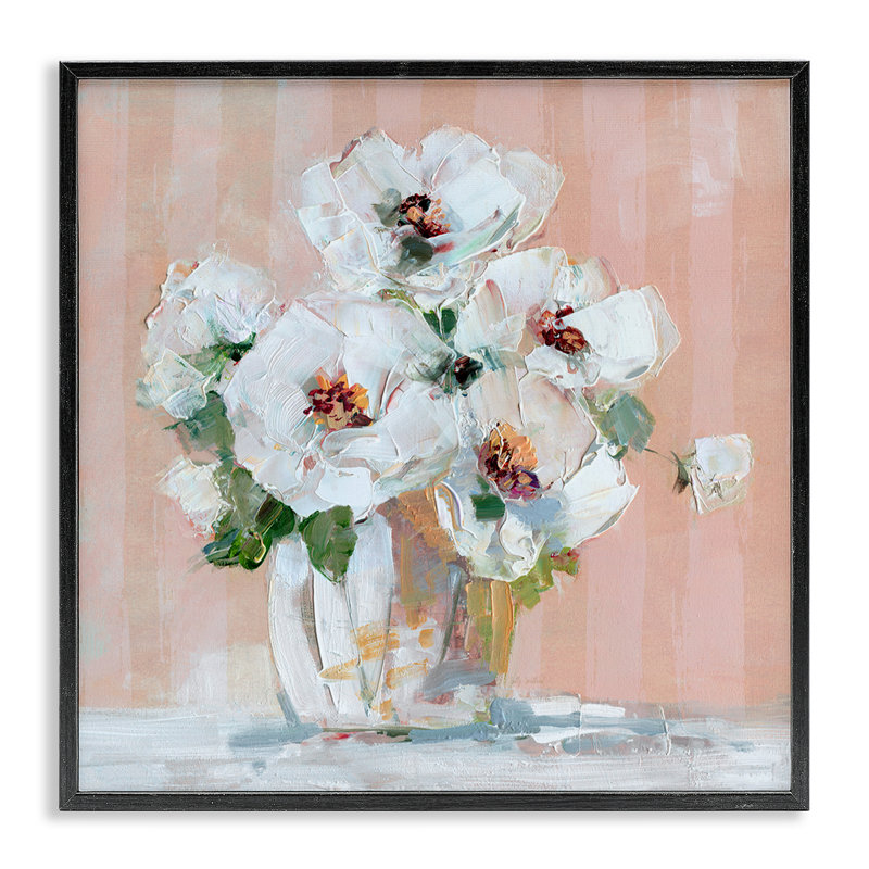 Coquelicots blancs sur fond rose, estampe numérique par Sally Swatland, Giclée encadrée noir minuit, H 12 po x l 12 po