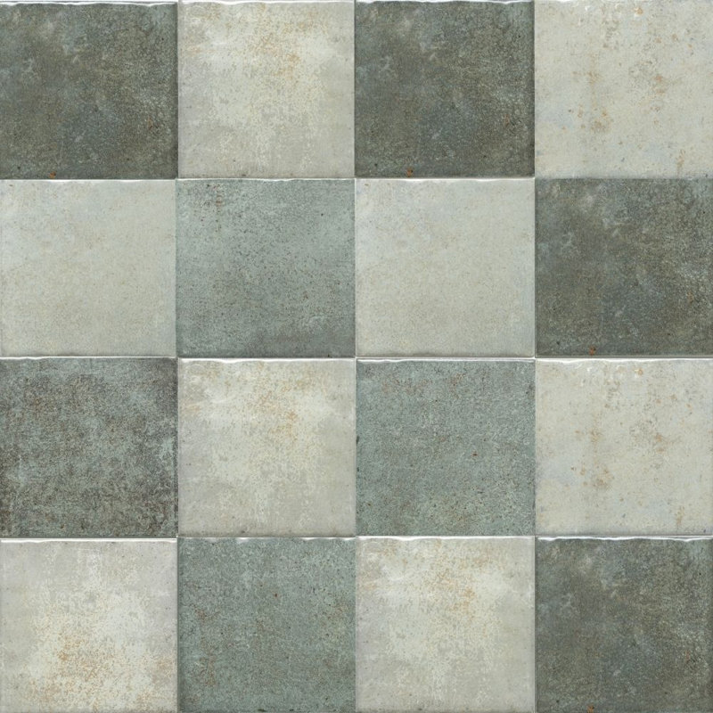 Carreau de porcelaine brillant 4 "x 4" Vela, Mousse de chêne à damier et champ vert