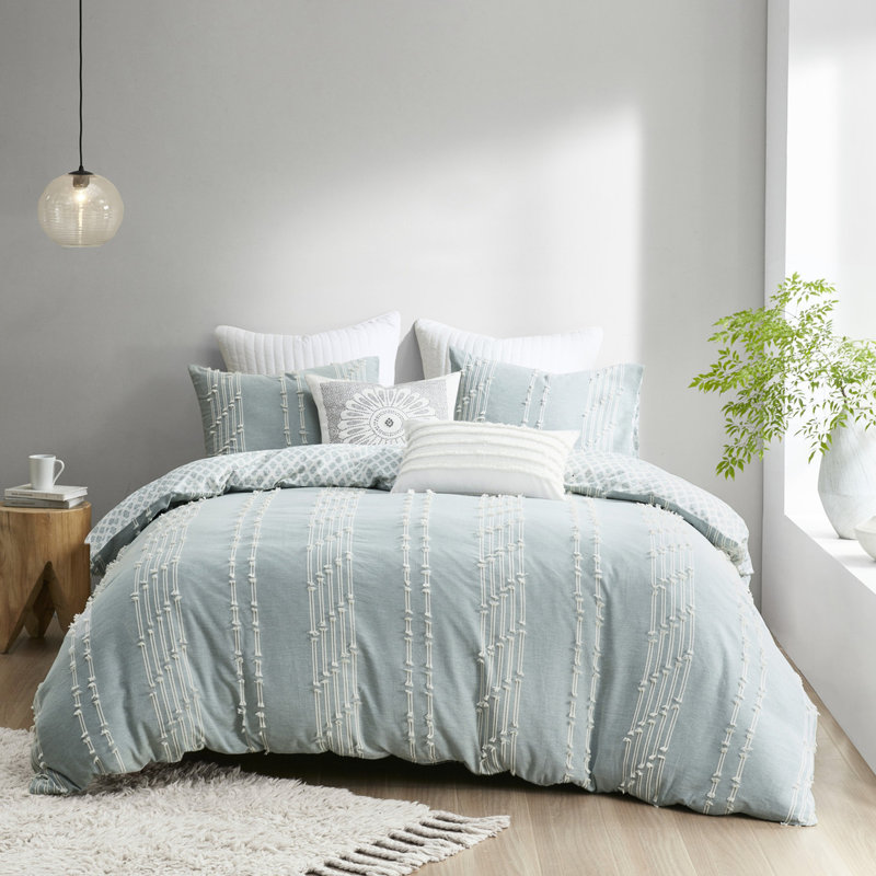 Très grand / très grand décor de chambre en coton - Motif brodé, taies décoratives assorties, ensemble de literie lavable à la machine, housse de couette réversible, 2