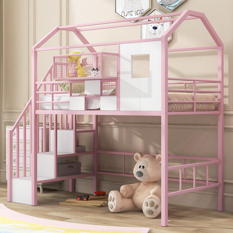 Lit mezzanine en métal avec toit et boîte de rangement, simple, Rose