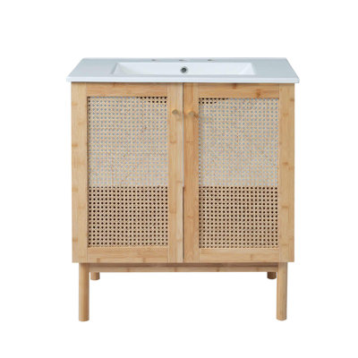 Meuble-lavabo de 30 pouces avec lavabo en céramique, armoire avec portes en rotin et mécanismes de fermeture en douceur