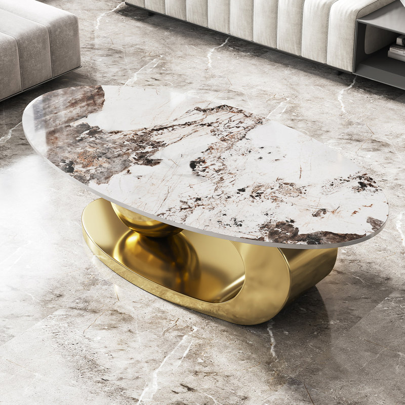 Table basse 49,2 pouces ovale en faux marbre pour salon avec base en acier inoxydable, White/Gold