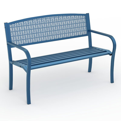 Banc de jardin extérieur en métal 50 po avec dossier incurvé à motif décoratif en acier résistant aux intempéries pour terrasse ou cour arrière