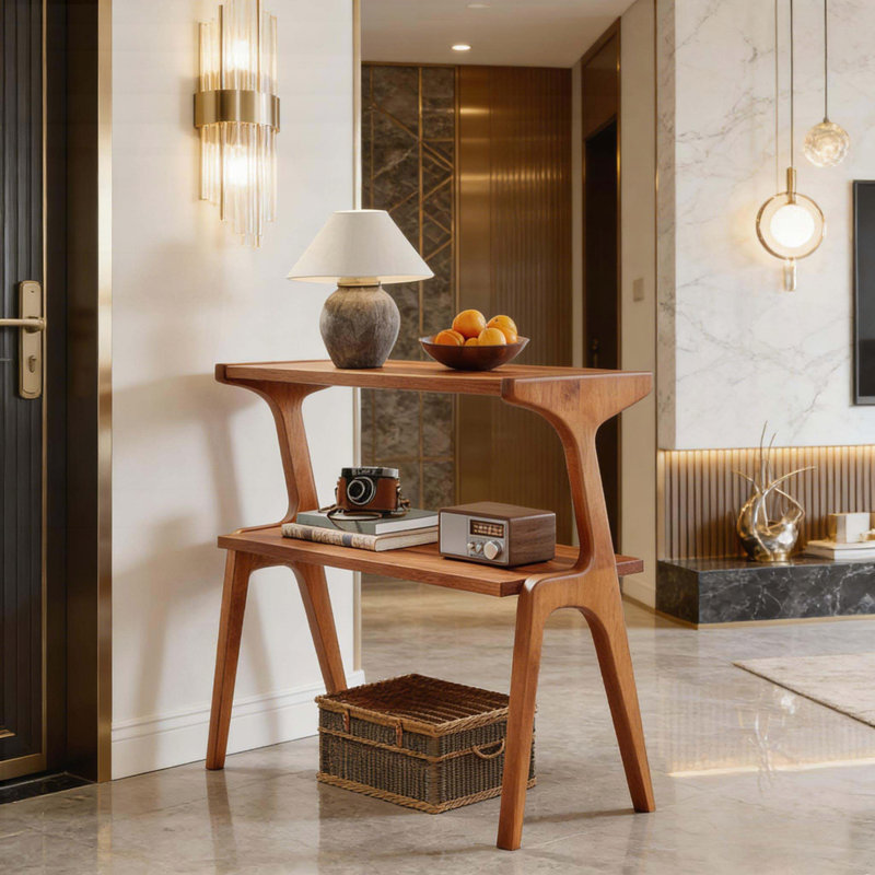 Table d'appoint en bois massif à 2 niveaux avec fini cerisier, Rouge