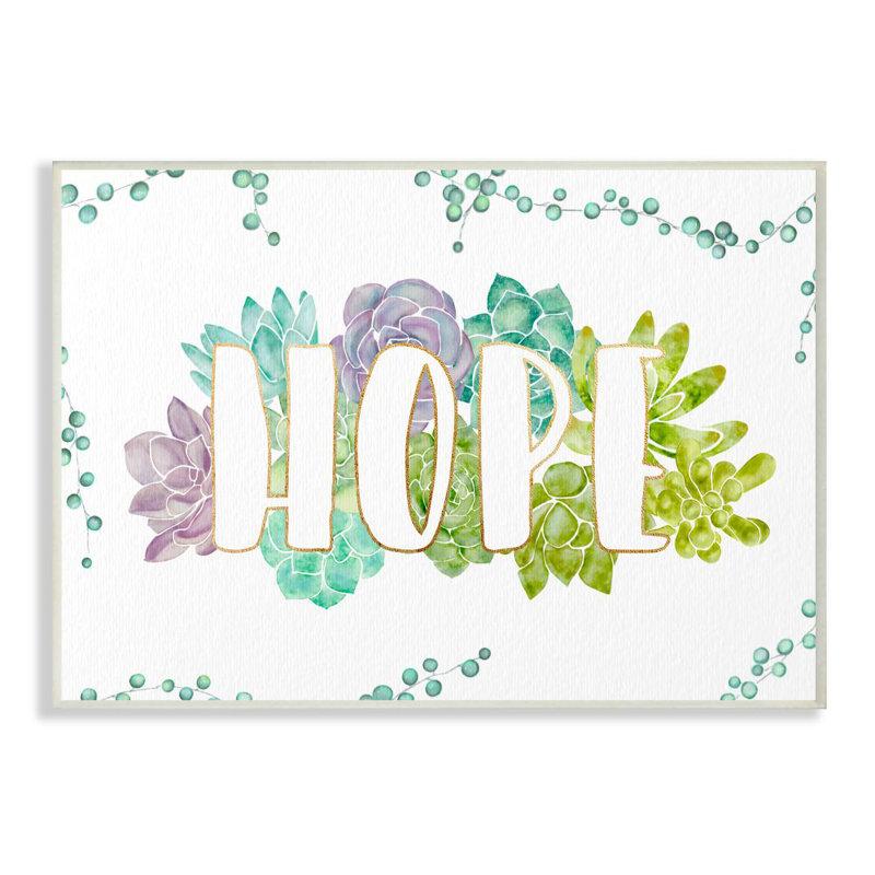 «Hope Succulent Flowers Green Purple Watercolor Paint», impression sur toile, H 10 po x l 15 po x P 0,5 po, Plaque murale