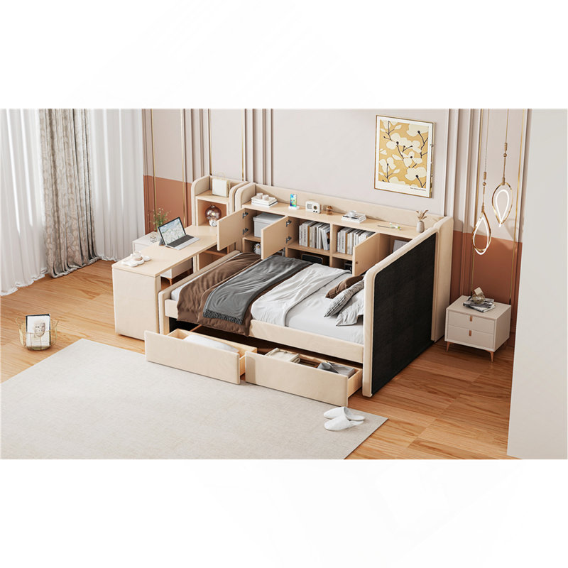 Twin Size Upholstered Daybed With Drawers, Shelves, Flip Cabinets & Side Table, Beige