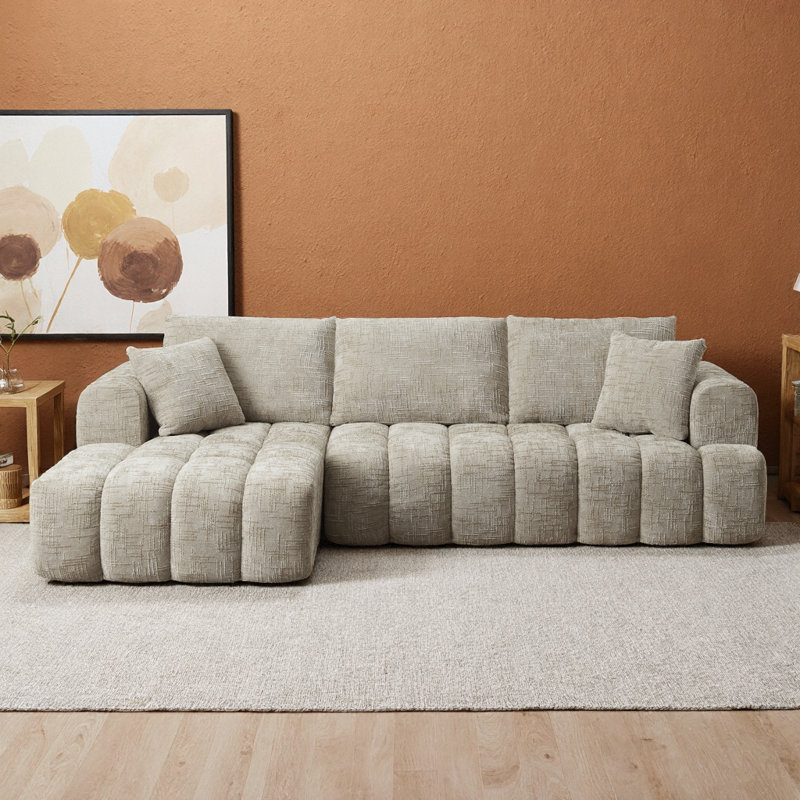 Luxury Chenille L-Shape Sectional Sofa - Khaki, Comfy Sleeper Couch, No Assembly Required, khaki