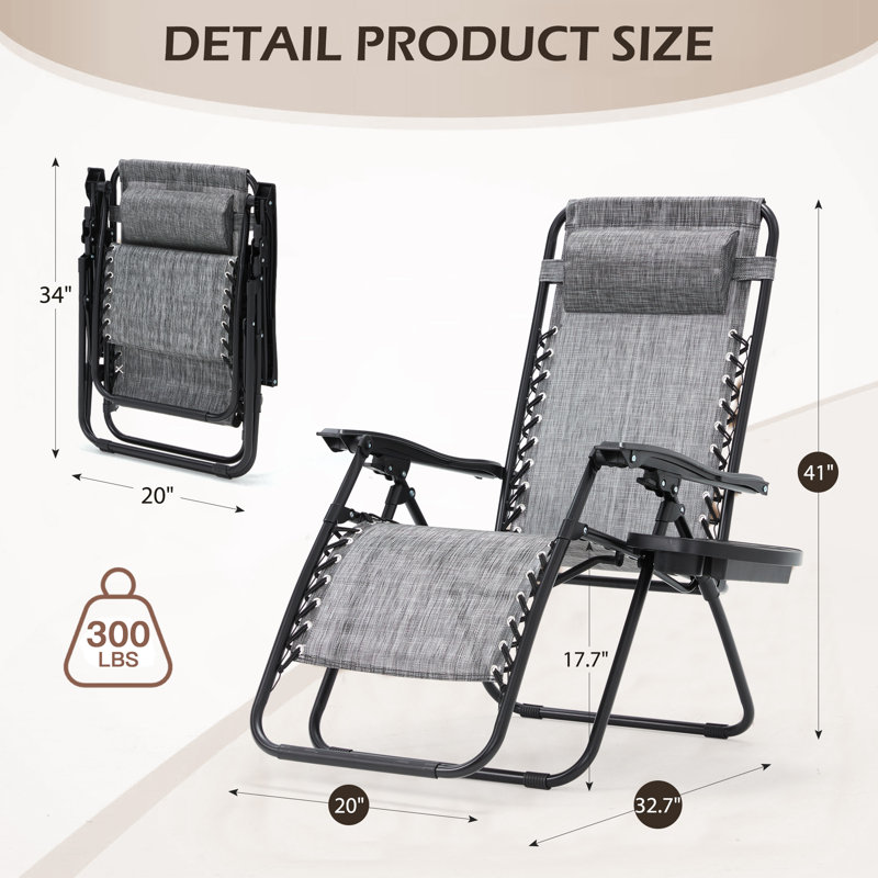 Ensemble de 2 chaises longues Zero Gravity, chaises de patio inclinables et pliantes avec porte-gobelet et appui-tête, Gris