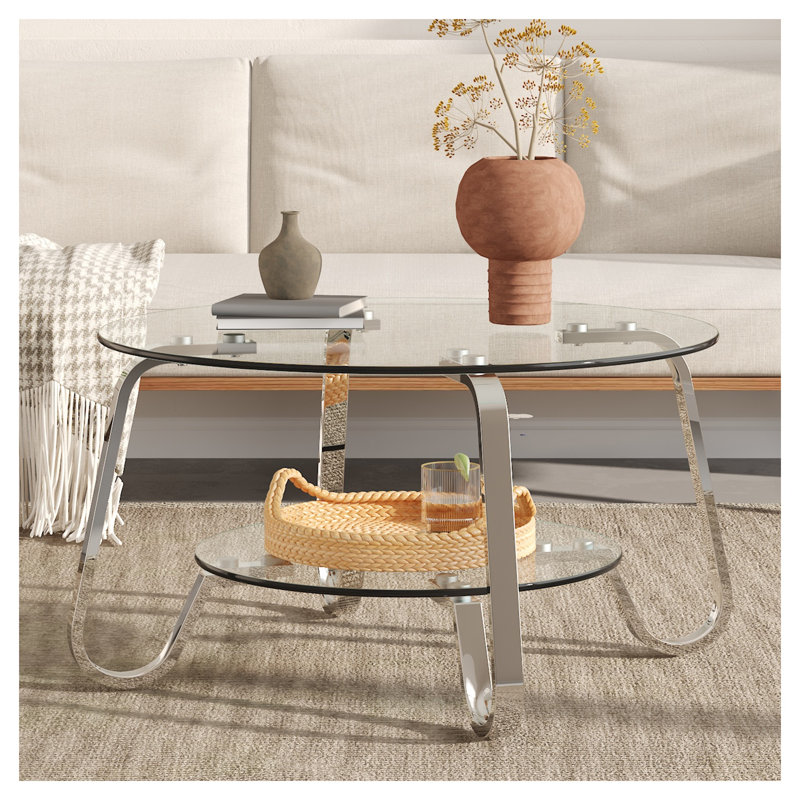 Table basse carrée de 80 cm (31,5 po) avec structure en métal de style rétro minimaliste et double couche de verre trempé, finition argentée.