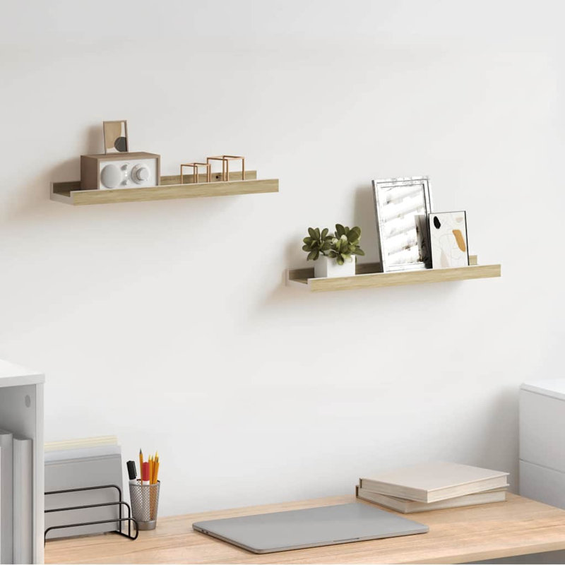 Wall Shelf Set of 2 White Sonoma Oak MDF 15.7 x 3.5 x 1.2 in Floating Shelves, 1.2" H x 3.5" W x 15.7" D, White Somma Oak