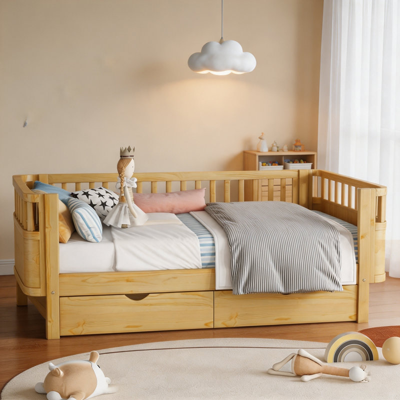 Lit plateforme simple en bois avec rails pour enfants, structure de lit pour tout-petits en bois massif avec garde-corps - conception brevetée naturelle
