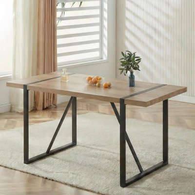 55 Inch Modern Industrial Rectangular Dining Table With Black Metal Legs