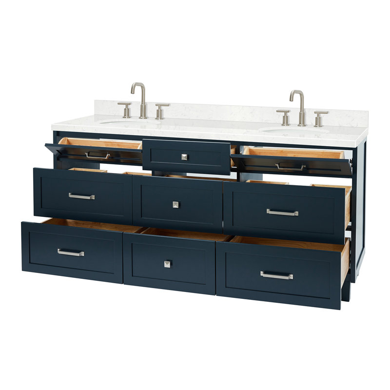 ARIEL Monroe 72 Double Sink Bathroom Vanity with Carrara Quartz Top, Midnight Blue