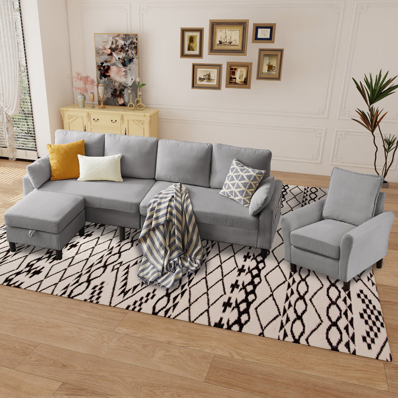 Ensemble de salon de 101 po en velours côtelé 3 pièces comprenant un canapé modulaire en L 4 places, un repose-pieds et une chaise