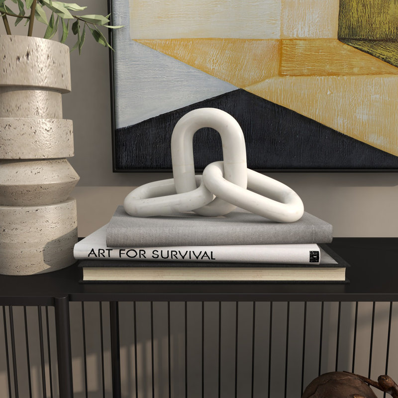 Marble Handmade Geometric 3 Link Chain Decorative Sculpture, White