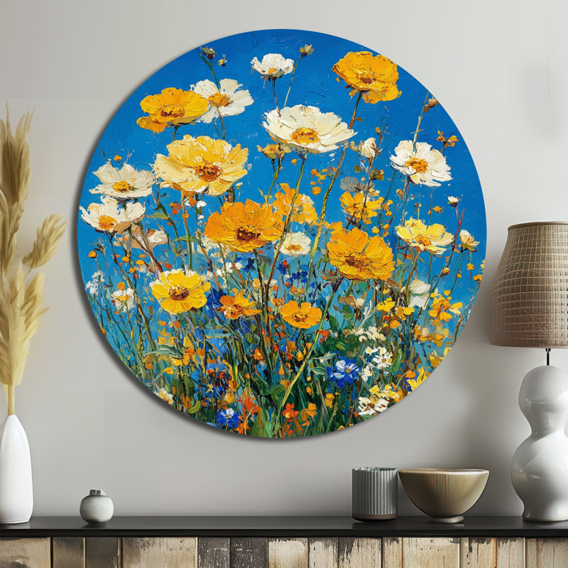 «Yellow Daylight Joy Wildflowers I», reproduction d'art en métal jaune traditionnel, H 36 po x l 36 po