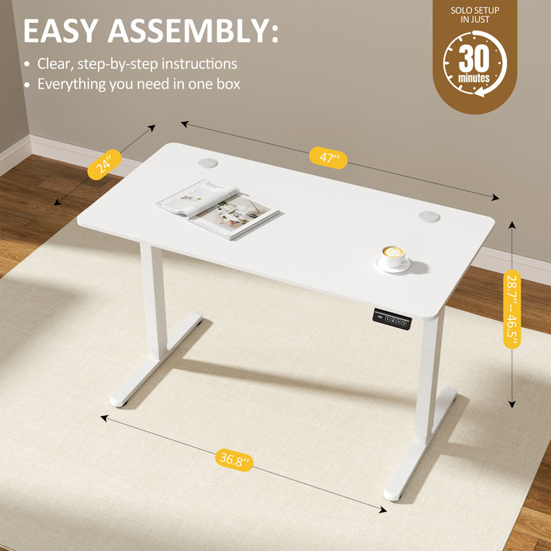 Bureau debout réglable électrique Oishee, Blanc, H 46,5 po x l 47 po x P 24 po